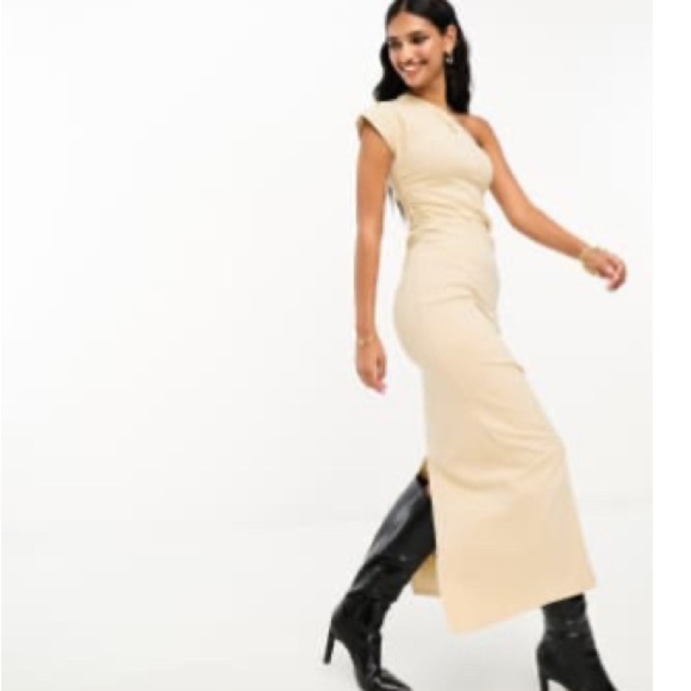 ASOS Cream Ribbed One-Shoulder Bodycon Dress